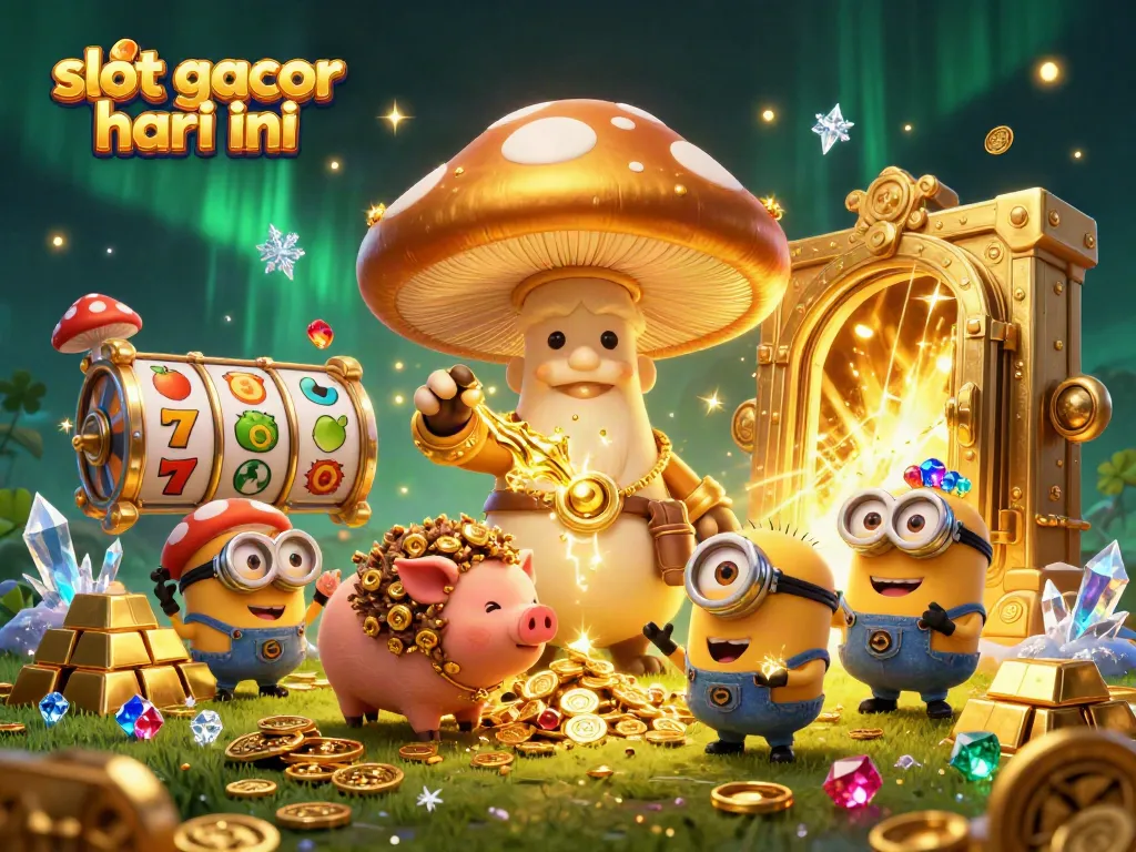 Menang besar dengan slot gacor hari ini, menampilkan karakter kartun sihir dan harta karun kasino yang kaya.