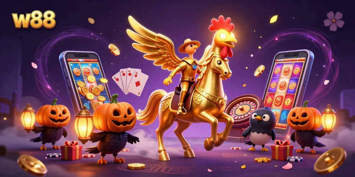 w88 players enjoy a lively casino scene with golden rooster and dynamic gaming elements.
