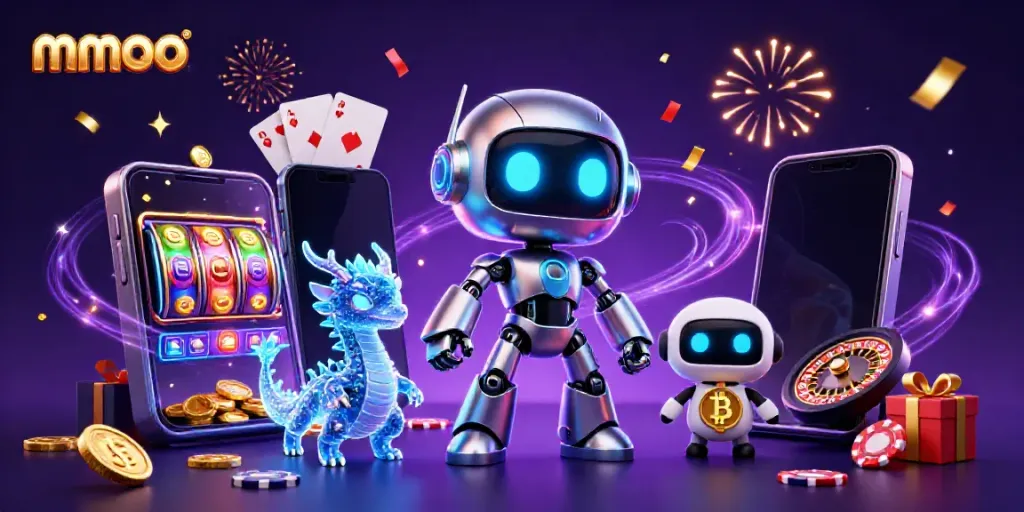 Experience mmoo's vibrant casino world with a cyberpunk robot, holographic dragon, and gaming elements.