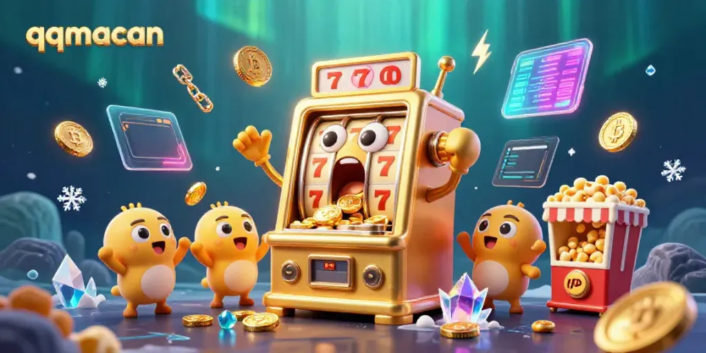 Experience the excitement of winning with qqmacan as golden coins pour from a celebrating slot machine.